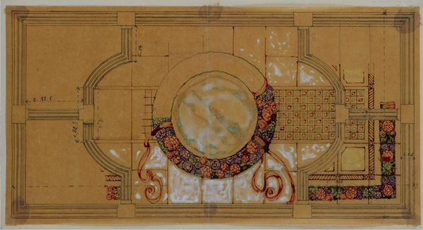 Atelier Galileo Chini - Study for an artistic stained glass window decorated with festoons and garlands of roses