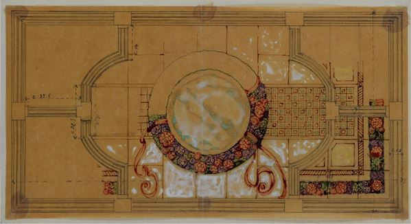 Atelier Galileo Chini : Studio per vetrata artistica decorata con festoni e ghirlande di rose  - Inchiostro e acquerello su carta lucida - Asta ANTIQUARIATO - I - Galleria Pananti Casa d'Aste