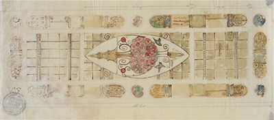 Studio per Vetrata Artistica Decorata con Palmette Fenicie, Fiori, Canestro e Uccelli