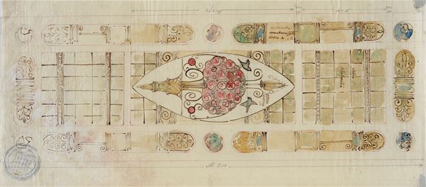 Atelier Galileo Chini : Study for stained glass window decorated with Phoenician palmettes, flowers, basket and birds  - Ink and watercolor on paper - Auction ANTIQUES - I - Galleria Pananti Casa d'Aste