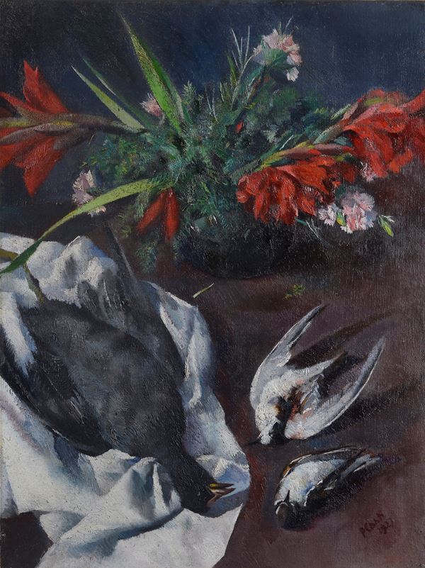 Primo Conti - Coot and gladioli (Still life with game)