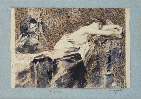 Arnaldo Ferraguti : Ius Primae Noctis  - Ink and watercolor ink on paper - Auction AUTHORS OF XIX AND XX CENTURY - II - Galleria Pananti Casa d'Aste