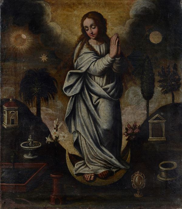 Scuola Spagnola, XVII sec. - Immacolata Concezione e simboli mariani