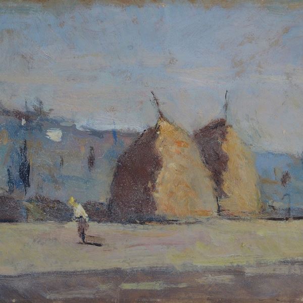 Ludovico Tommasi - Landscape with haystacks and figure