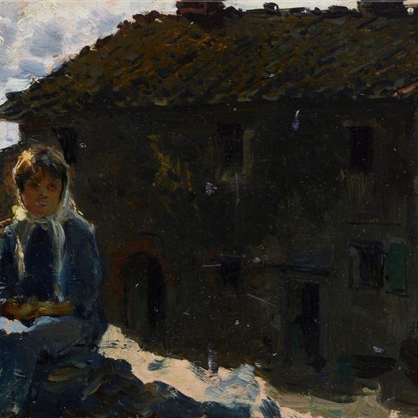 Federico Andreotti - Woman on the low wall and cottage in the background
