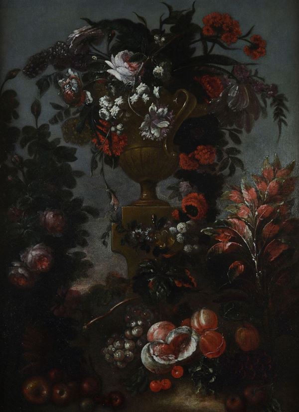 Scuola Romana, XVII - XVIII sec. - Trionfo di fiori e frutti en plein air