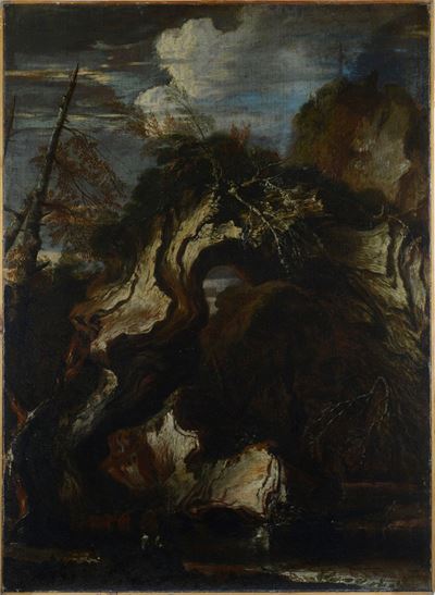 Paesaggio con Ponte di Roccia, Alberi e Figure