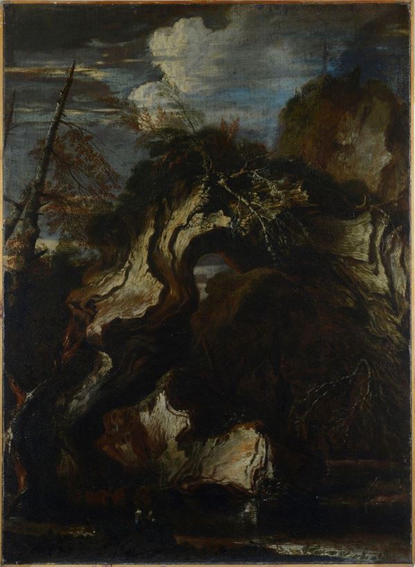 Scuola Italia Centrale, XVII - XVIII sec. - Paesaggio con ponte di roccia, alberi e figure