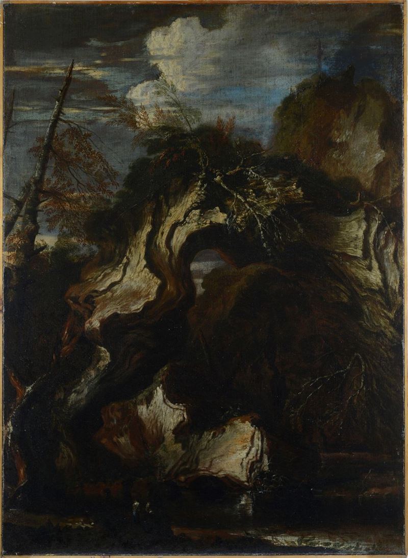 Scuola Italia Centrale, XVII - XVIII Sec. - Paesaggio con Ponte di Roccia, Alberi e Figure