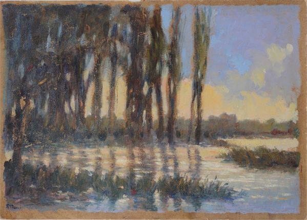 Angelo Mucci : Lake landscape  - Oil on cardboard - Auction AUTHORS OF XIX AND XX CENTURY - II - Galleria Pananti Casa d'Aste