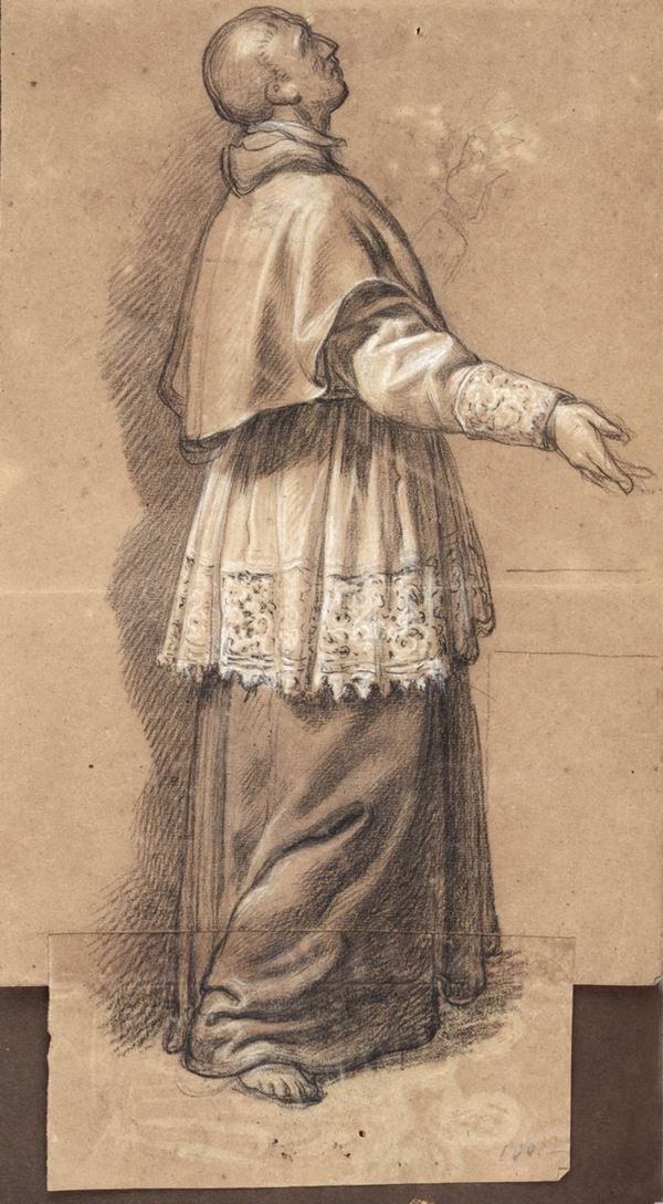 Anonimo, XVII sec. : Study for the figure of a saint  - Pencil and chalks on paper  [..]