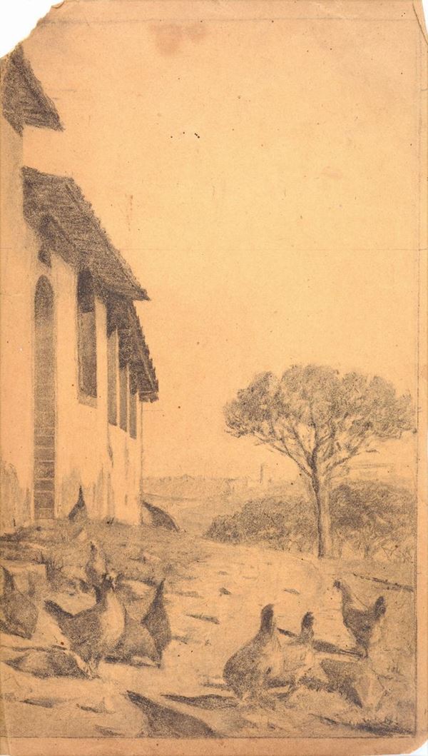 Anonimo, XIX sec. - Landscape with cottage and hens