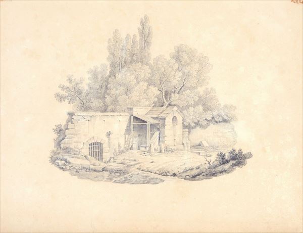 Anonimo, XIX sec. : Paesaggio con alberi e ruderi  - Matita su carta - Asta ANTIQUARIATO - I - Galleria Pananti Casa d'Aste