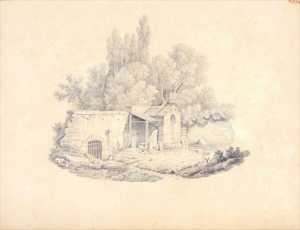 Anonimo, XIX sec. - Paesaggio con alberi e ruderi