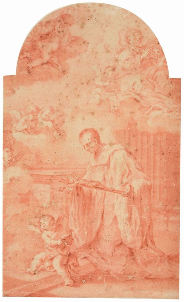 Anonimo, XVIII sec. : Santo in adorazione del Crocefisso  - Sanguigna su carta - Asta ANTIQUARIATO - I - Galleria Pananti Casa d'Aste