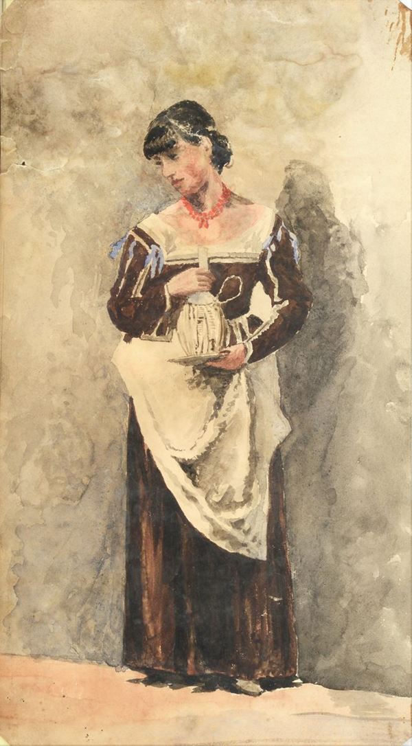 Anonimo, XIX sec. : Popolana with flask  - Watercolor on paper - Auction AUTHORS  [..]