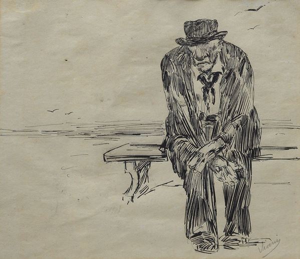 Lorenzo Viani : Uomo sulla panchina  - Inchiostro su carta - Asta 10x15 Una collezione particolare - Galleria Pananti Casa d'Aste