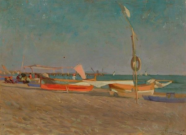 Ruggero Focardi : La spiaggia del Forte de' Marmi, 1925  - Olio su tavola, - Asta Arte Moderna e Contemporanea - III - Galleria Pananti Casa d'Aste