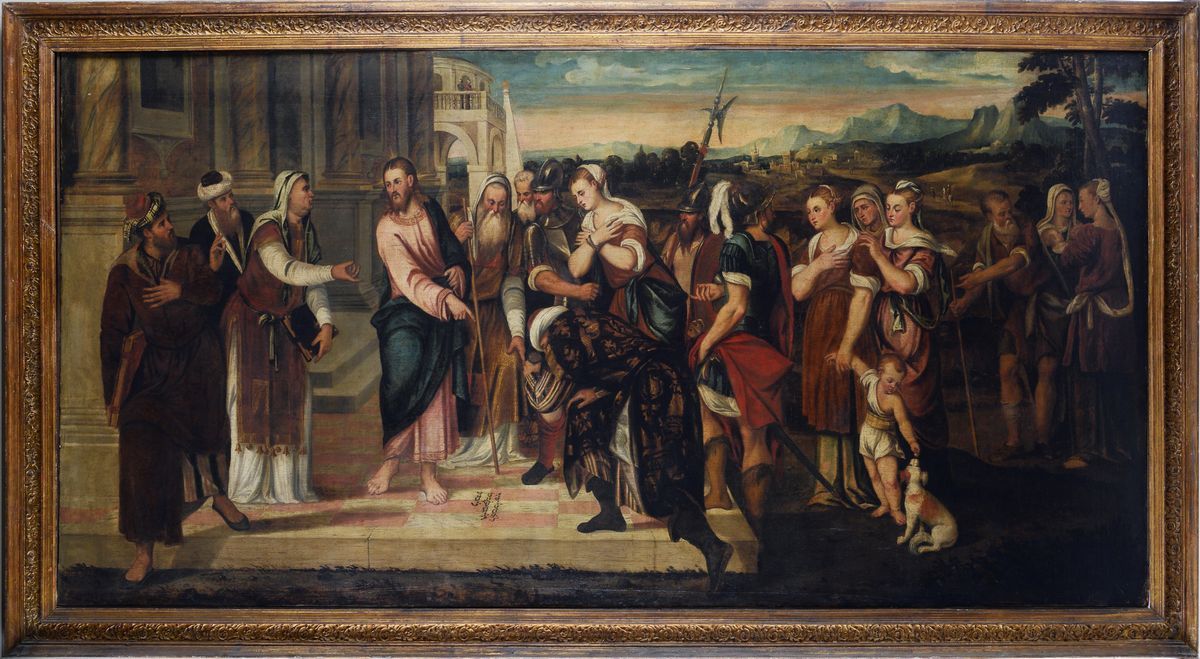 Scuola Veneta, XVI - XVII Sec. - Cristo e L'adultera (da Bonifacio Veronese)