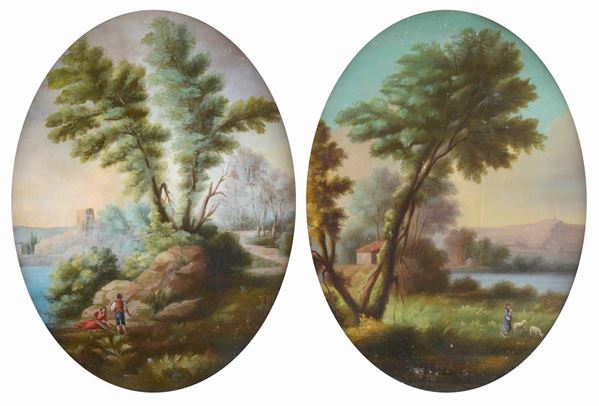 Anonimo, XX sec. - Pair of landscapes with figures (ovals)