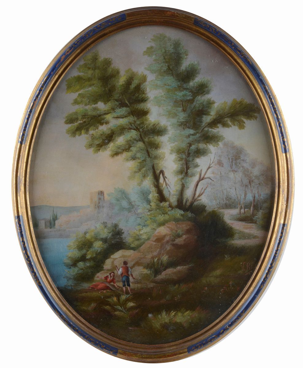 Anonimo, XX Sec. - Coppia di Paesaggi con Figure (ovali)