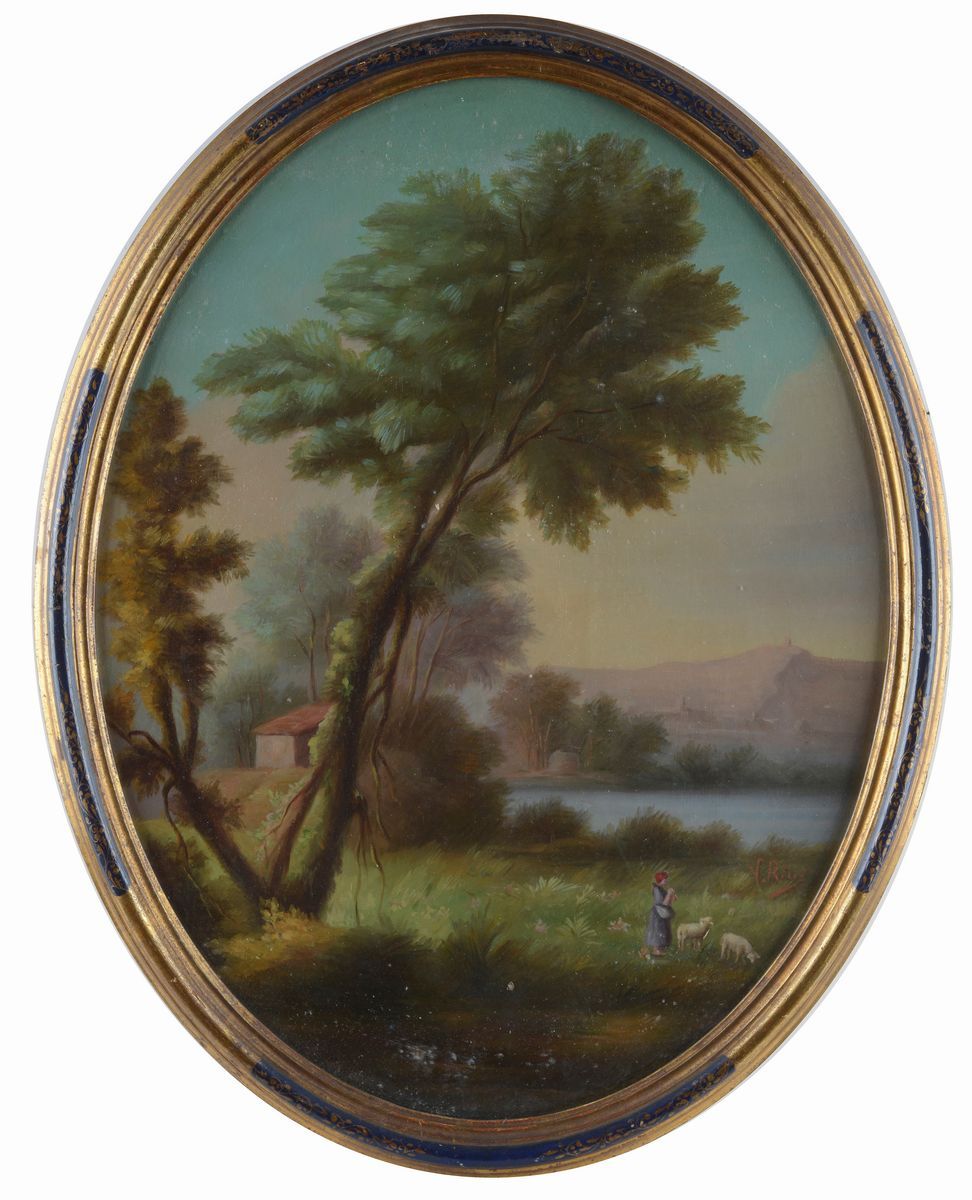 Anonimo, XX Sec. - Coppia di Paesaggi con Figure (ovali)