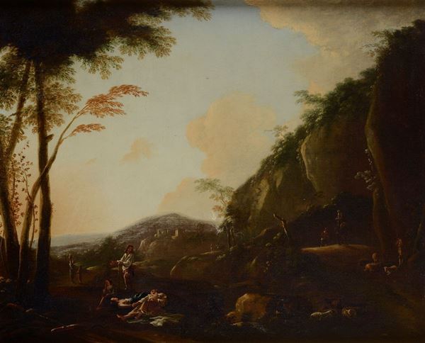 Scuola Romana, XVII - XVIII sec. - Paesaggio con figure