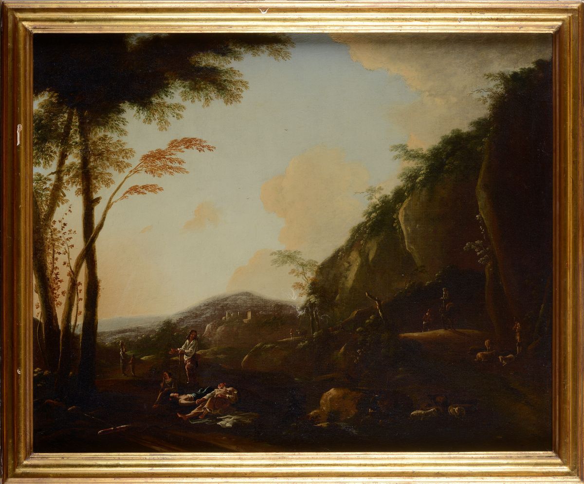 Scuola Romana, XVII - XVIII Sec. - Paesaggio con Figure