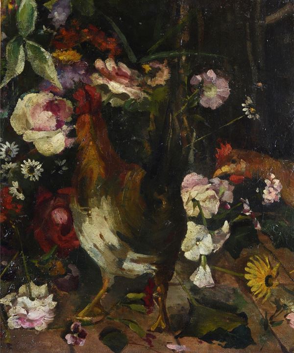 Anonimo, XX sec. - Hen and flowers