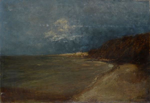 Anonimo, XX sec. : Marina with country in the background  - Oil painting on canvas - Auction FROM A MILANESE COLLECTION - Galleria Pananti Casa d'Aste