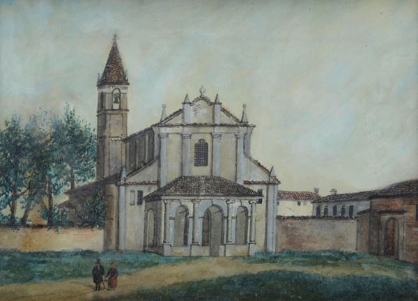 Anonimo, inizi XIX sec. - Paesaggio con chiesa e figure