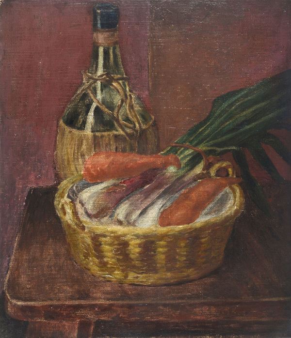 Anonimo, XX sec. - Still life with a basket of vegetables and a flask