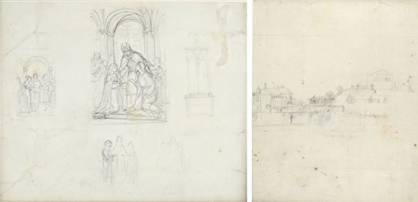 Attr. a Giovanni Carnovali detto il Piccio - Paesaggio (fronte) Studi per Sposalizio della Vergine (retro)