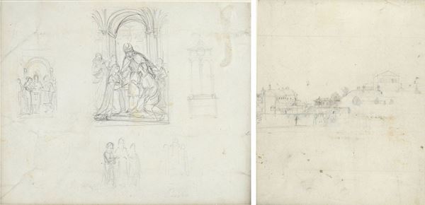 Attr. a Giovanni Carnovali detto il Piccio - Landscape (front) Studies for Marriage of the Virgin (back)