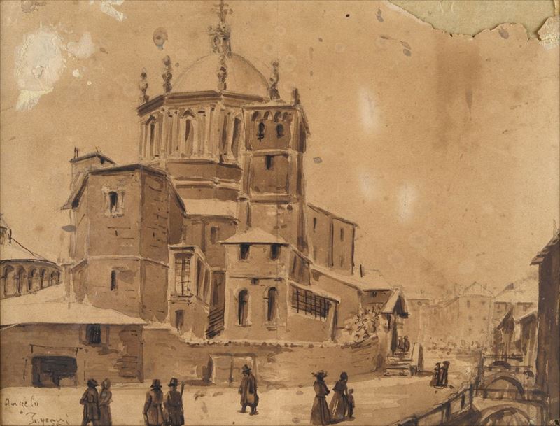 Attr. a Angelo Inganni - Veduta della Chiesa di San Lorenzo (fronte) Scorcio di Città (retro)