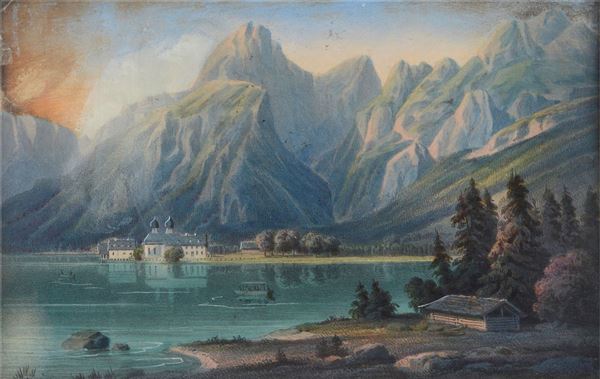 Anonimo, XIX sec. - Mountain landscape with lake