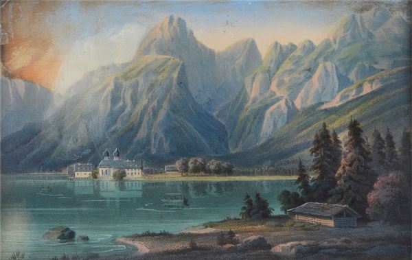 Anonimo, XIX sec. - Paesaggio montano con lago