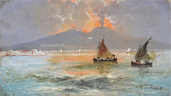 Attr. a Edoardo Dal Bono - Barche di pescatori con Vesuvio sullo sfondo