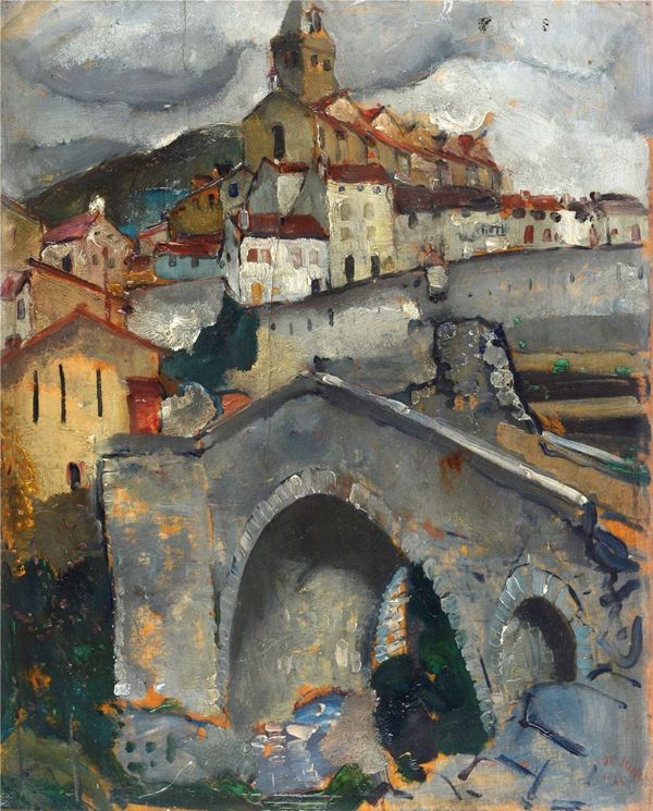 Anonimo, XX sec. - View of town with bridge