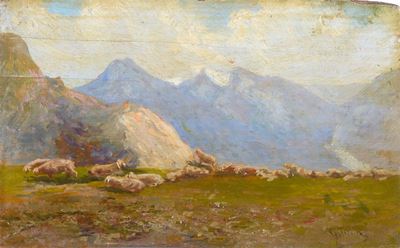 Gregge al Pascolo (fronte), Paesaggio (retro)