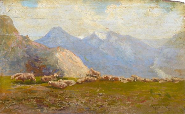 Anonimo, inizi XX sec. - Gregge al pascolo (fronte), Paesaggio (retro)