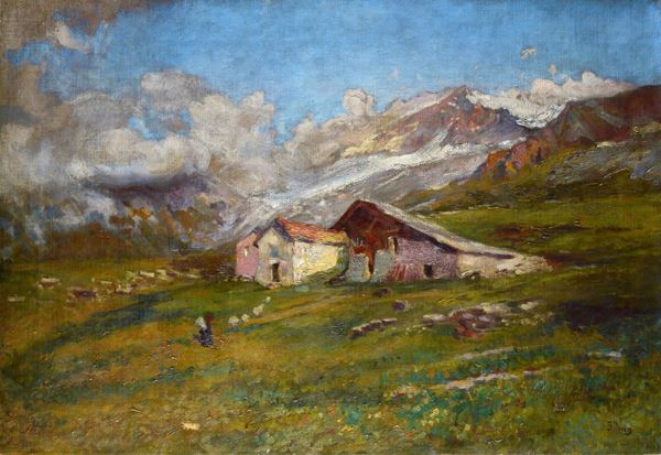 Anonimo, XX sec. - Mountain landscape with huts