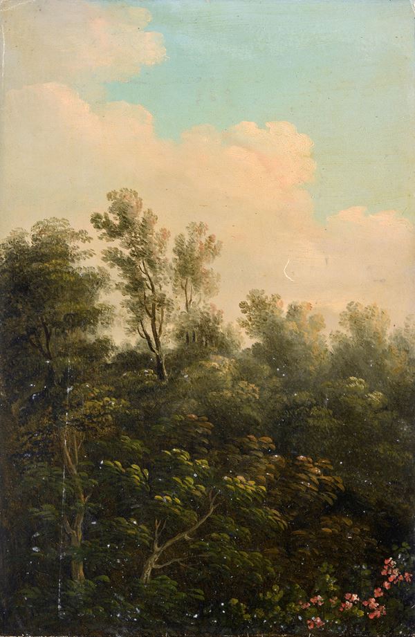 Anonimo, XX sec. : Paesaggio con alberi  (1844)  - Olio su cartoncino - Asta AUTORI DEL XIX E XX SEC - II - Galleria Pananti Casa d'Aste