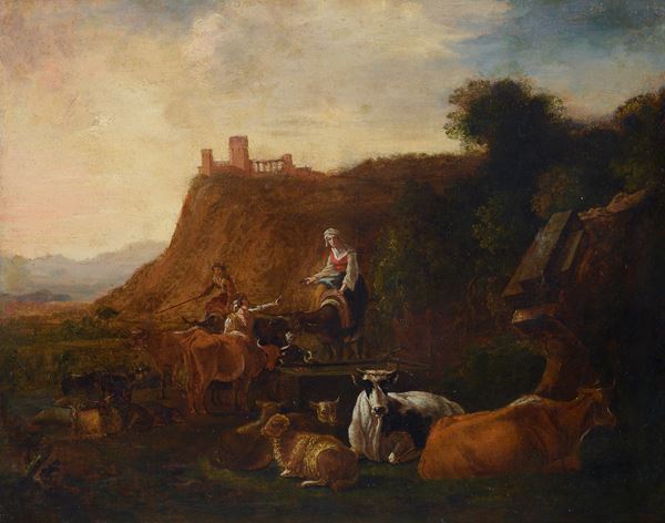 Anonimo, inizi XIX sec. - Paesaggio con pastori