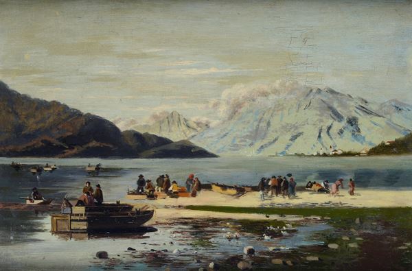Anonimo, XIX - XX sec. - Paesaggio lacustre con pescatori
