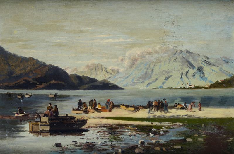 Anonimo, XIX - XX Sec. - Paesaggio Lacustre con Pescatori