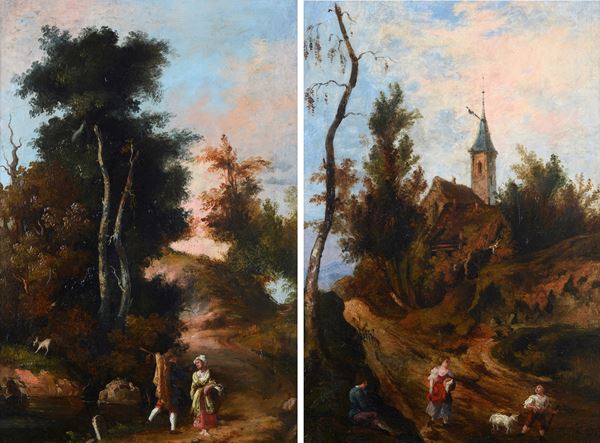 Scuola Veneta, XVII sec. - Coppia di paesaggi veneti