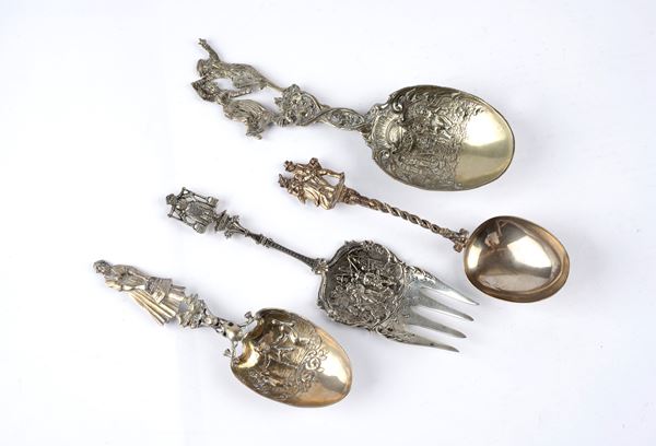 Lot consisting of three sugared almond spoons and a large fork