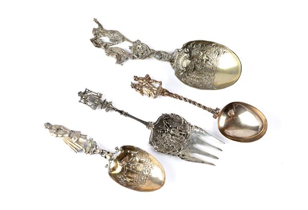 Lot consisting of three sugared almond spoons and a large fork