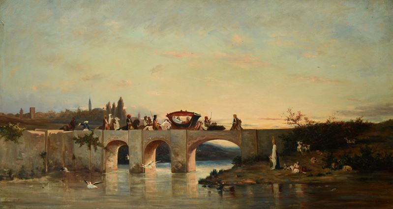 Anonimo Francese, XIX Sec. - Carovana sul Ponte a Tournemine